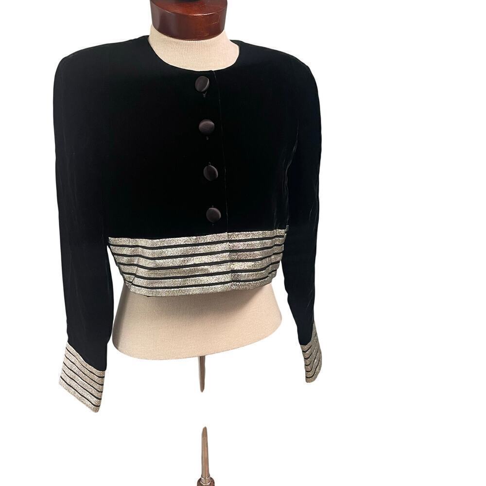 VTG Rimini Size 8 Velvet Velour Top Black Gold Button Front Topper Vintage